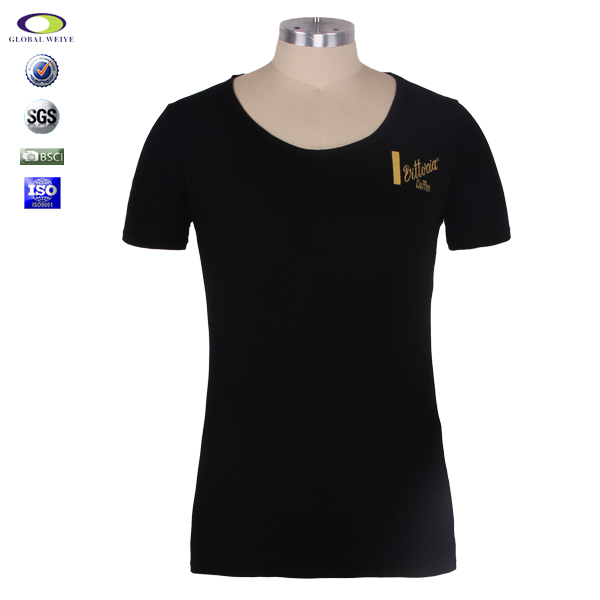 高品质男士黑色圆领短袖T恤品牌金线绣花logo