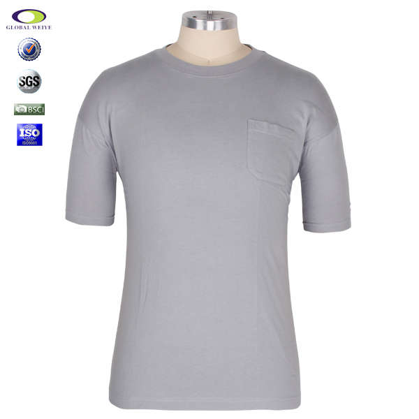 灰色纯棉男士圆领口袋T恤刺绣logo