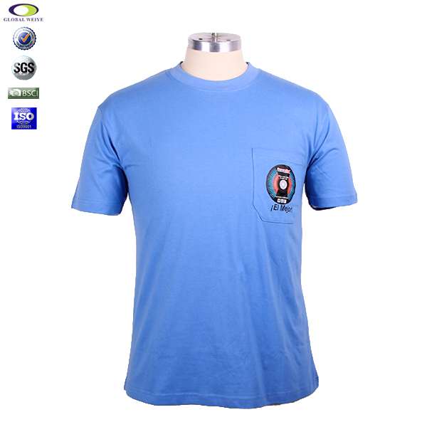 印花男士纯棉蓝色圆领口袋T恤