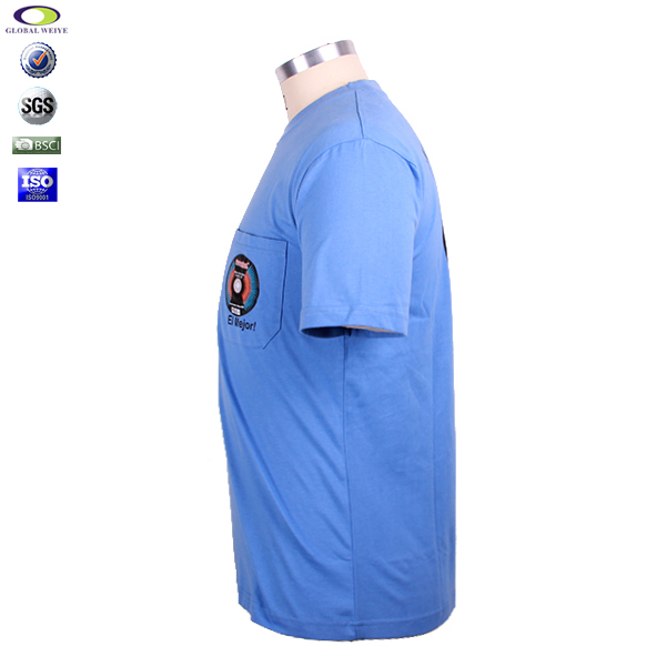 印花男士纯棉蓝色圆领口袋T恤