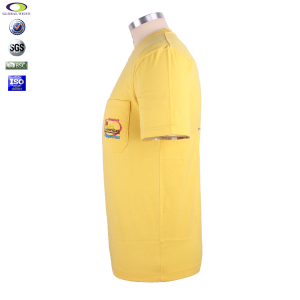 口袋设计男士纯棉黄色圆领T恤