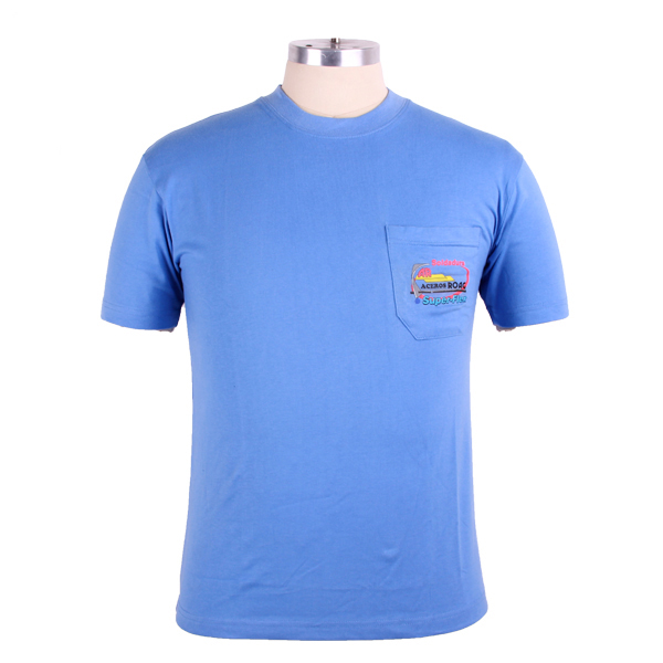 男士纯棉蓝色圆领口袋T恤印花logo