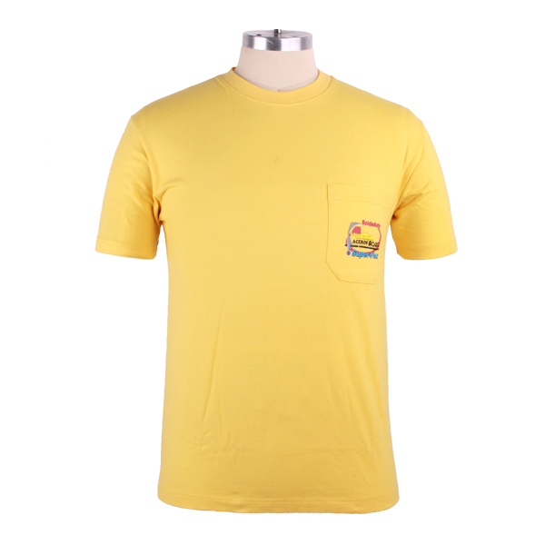 口袋设计男士纯棉黄色圆领T恤