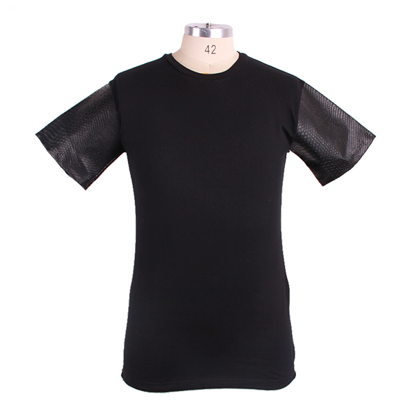 潮流皮革袖男士黑色圆领短袖T恤空白