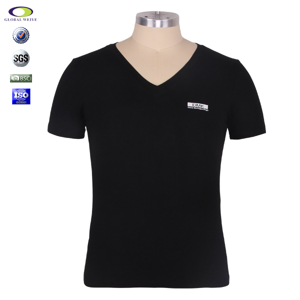 棉莱卡弹力修身女士V领T恤黑色刺绣