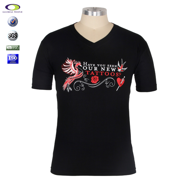 环保丝印男士V领短袖黑色T恤
