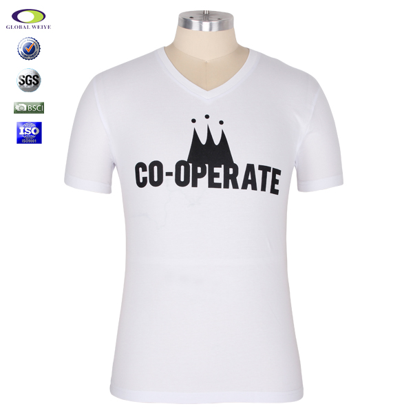 单色丝网印男士白色V领短袖纯棉T恤