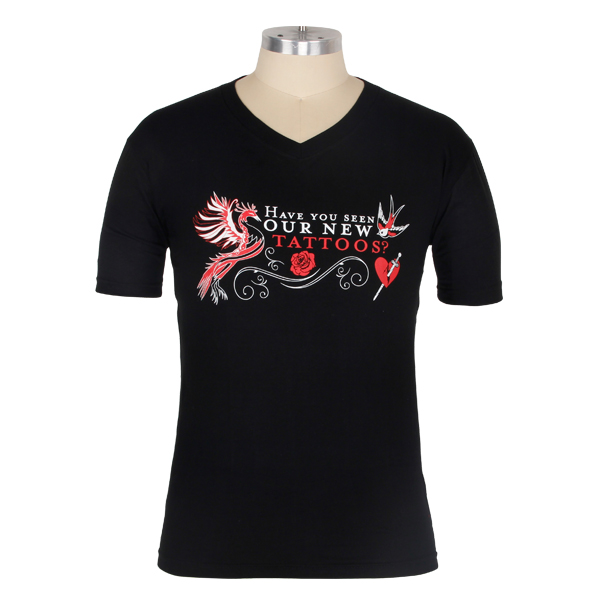 环保丝印男士V领短袖黑色T恤