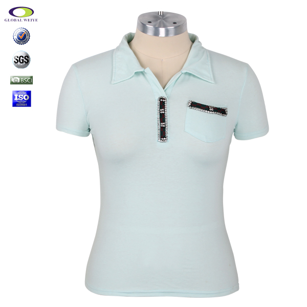 定制女士淡绿色背后镂空烫钻polo衫翻领T恤衫