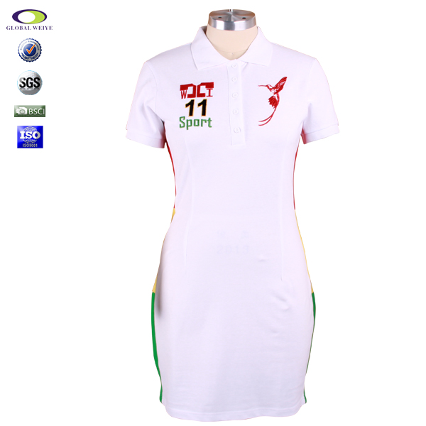 定制女士polo衫白色刺绣多纽扣翻领长身裙T恤衫