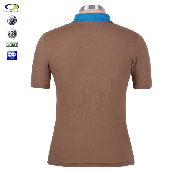 100%棉女士棕色异色领polo衫翻领短袖口袋T恤衫