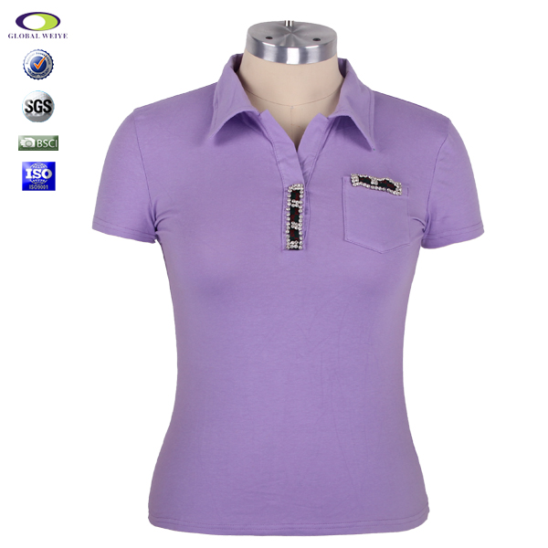 定制女士紫色背后镂空烫钻polo衫翻领T恤衫