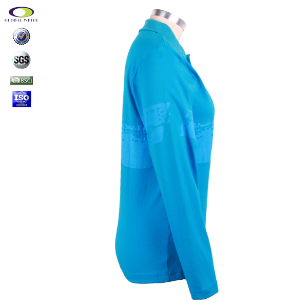 女士蓝色纯棉polo衫翻领长袖印花T恤衫定做