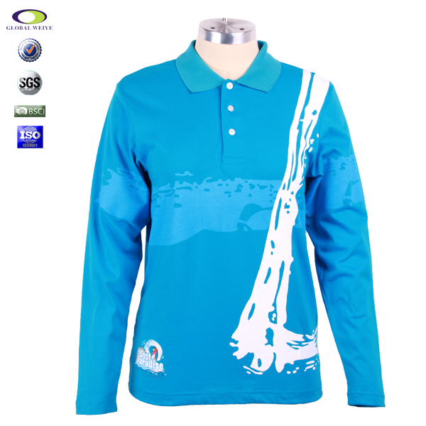 女士蓝色纯棉polo衫翻领长袖印花T恤衫定做