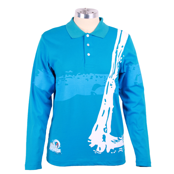 女士蓝色纯棉polo衫翻领长袖印花T恤衫定做