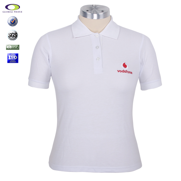 100%棉女士白色polo衫翻领刺绣logo短袖T恤衫