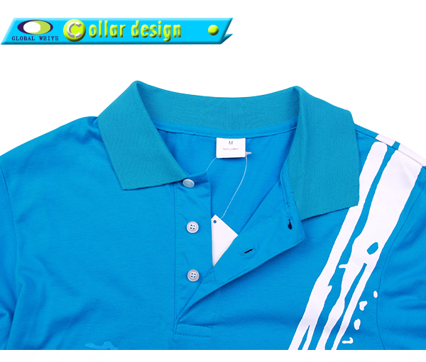 女士蓝色纯棉polo衫翻领长袖印花T恤衫定做