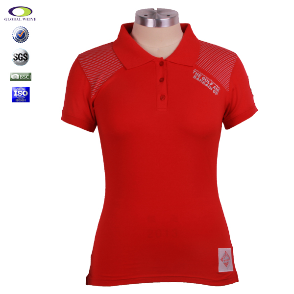 中国红100%棉女士polo衫贴布绣翻领短袖T恤衫