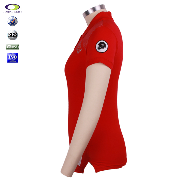 中国红100%棉女士polo衫贴布绣翻领短袖T恤衫