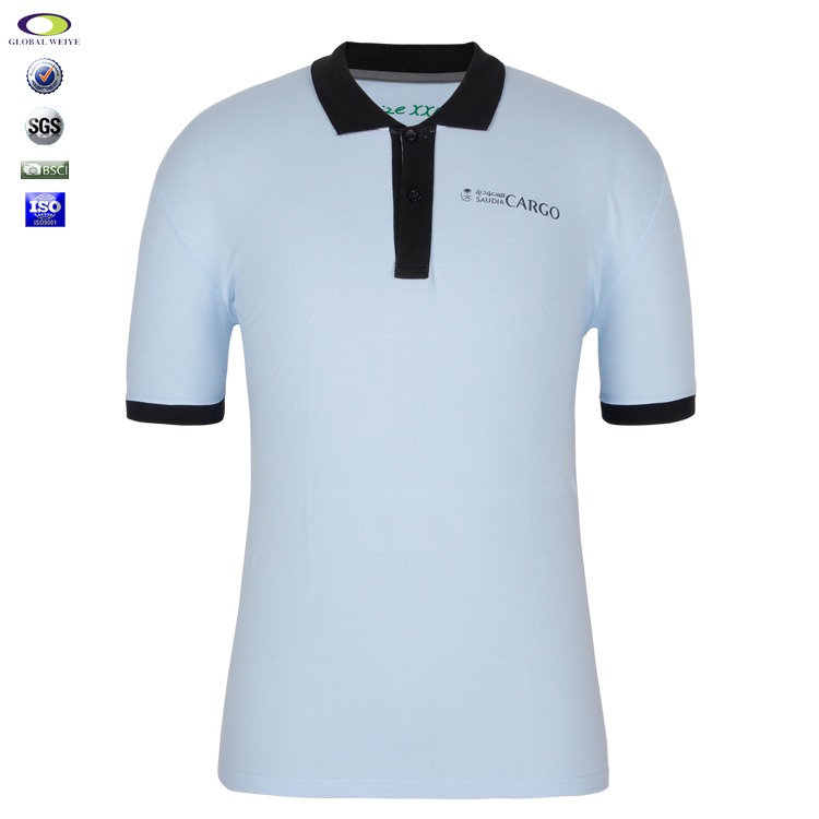 100%棉浅蓝色印花polo衫男装定制黑色撞色翻领