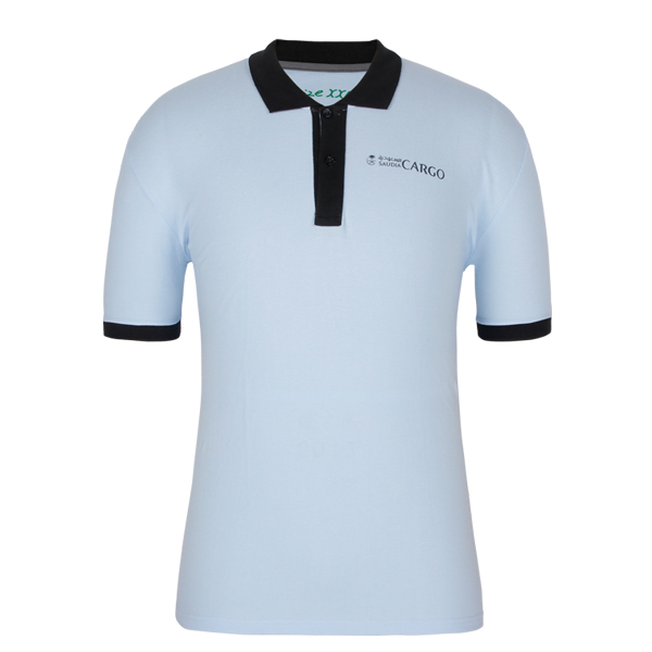 100%棉浅蓝色印花polo衫男装定制黑色撞色翻领