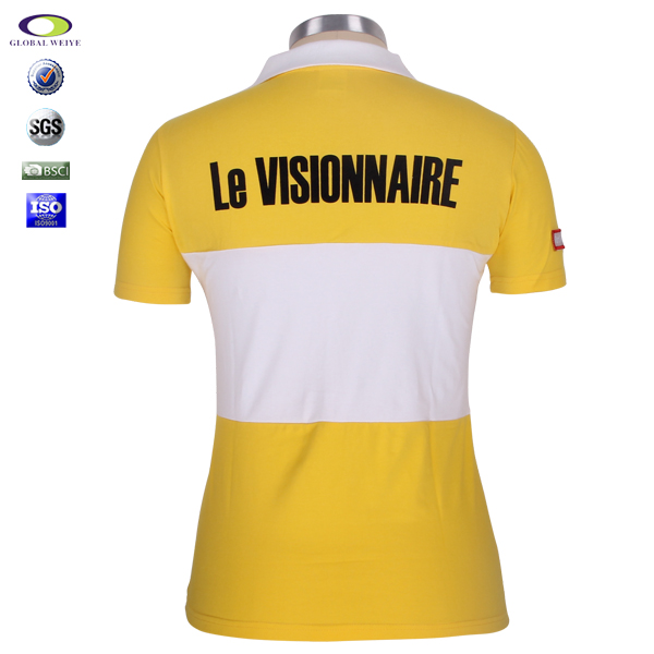 100%棉女士黄白拼接绣章polo衫翻领短袖T恤衫