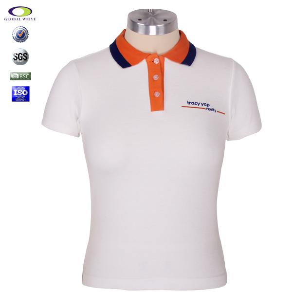 女士白色polo衫异色领刺绣翻领短袖T恤衫