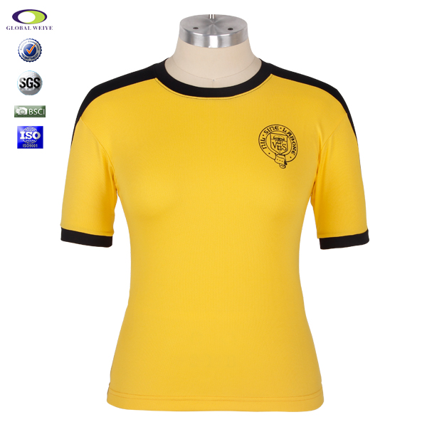 女士黑黄拼接印花圆领T恤衫定制