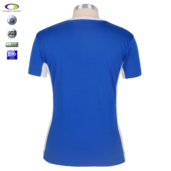 女士蓝白拼接V领短袖空白T恤衫定制