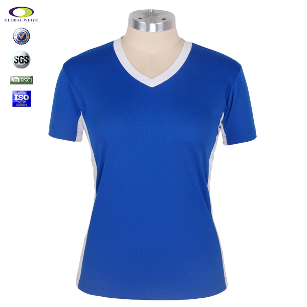 女士蓝白拼接V领短袖空白T恤衫定制