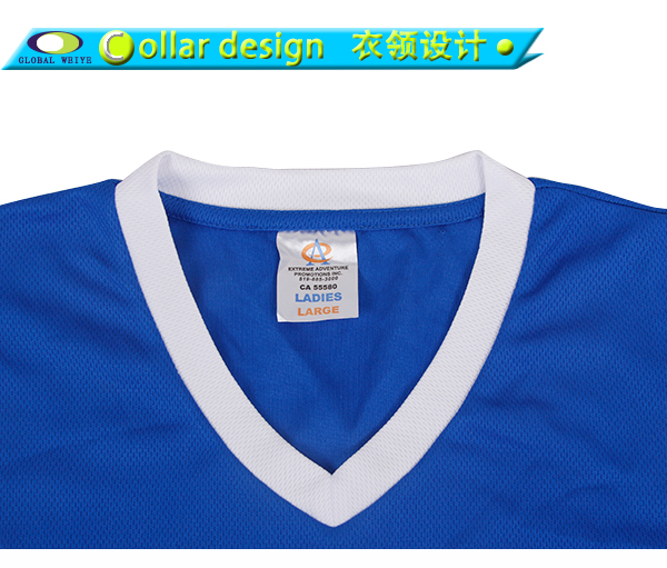 女士蓝白拼接V领短袖空白T恤衫定制