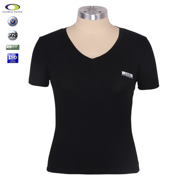 定制女士黑色V领短袖印花T恤衫