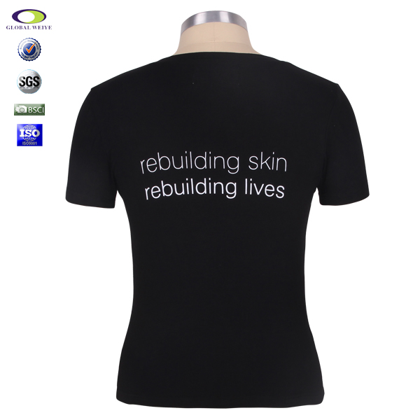 定制女士黑色V领短袖印花T恤衫