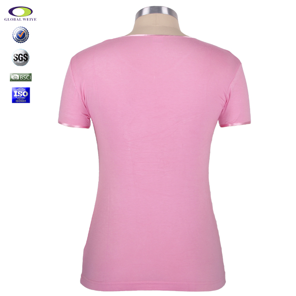 女士粉色印花V领短袖T恤衫定制