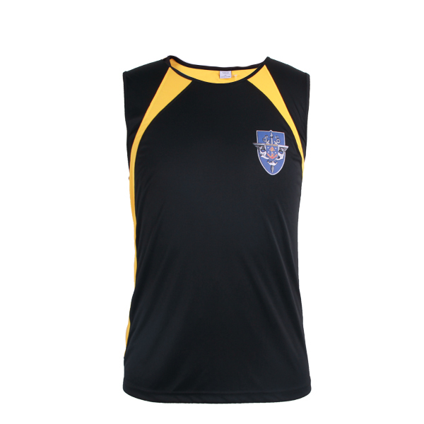 黑色全涤圆领拼接印花无袖篮球服运动衫