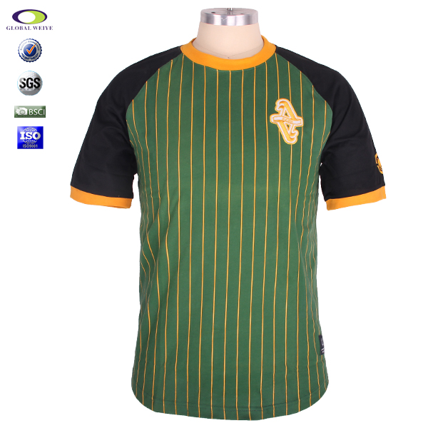 订制男士全涤圆领橙青条纹刺绣T恤衫短袖运动服