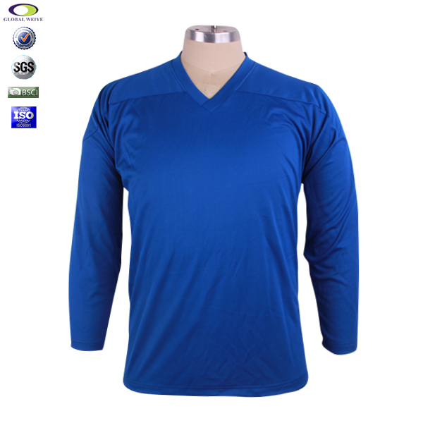 男士蓝色V领插肩空白长袖全涤网眼T恤衫定制厂家