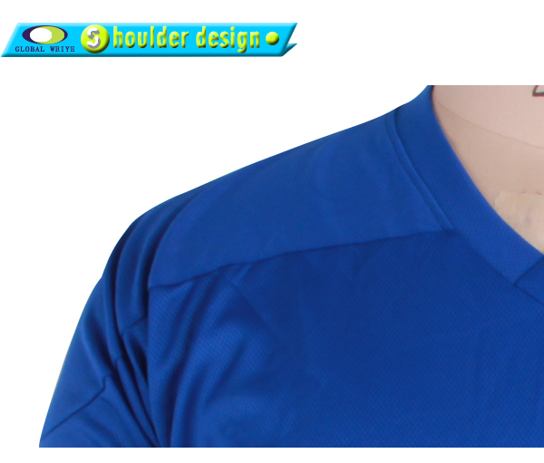 男士蓝色V领插肩空白长袖全涤网眼T恤衫定制厂家