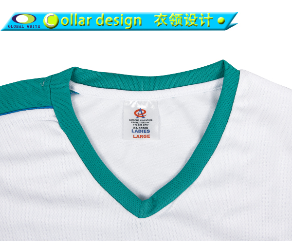 定制男士绿色领白色空白V领T恤衫定制厂家