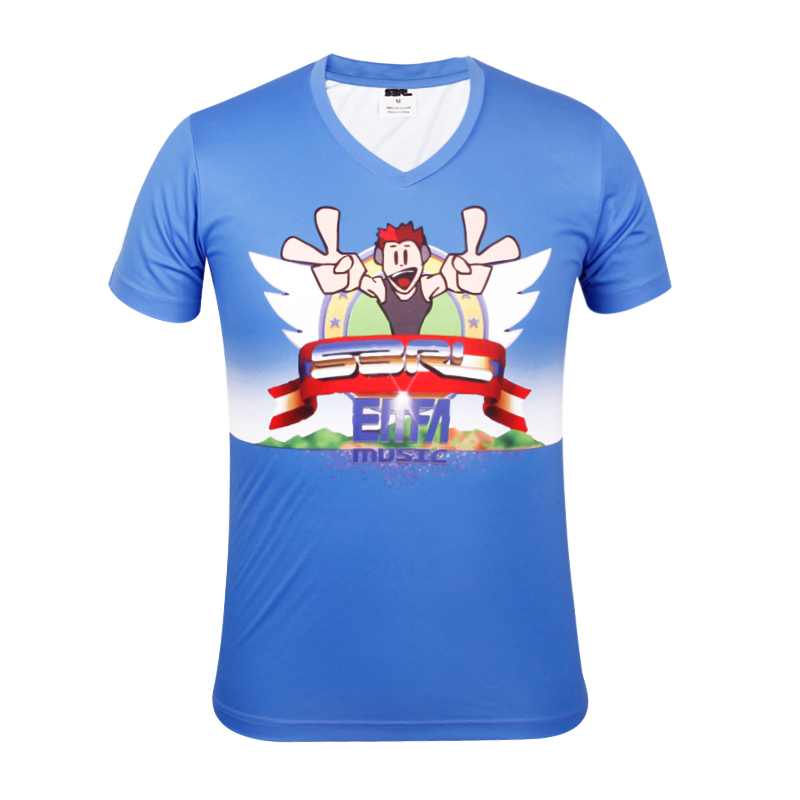 男士蓝色全涤热升华V领短袖恤衫定制厂家