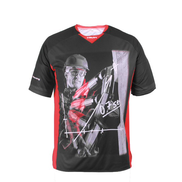 定制男士黑红拼接全涤热升华圆领短袖T恤衫定制厂家