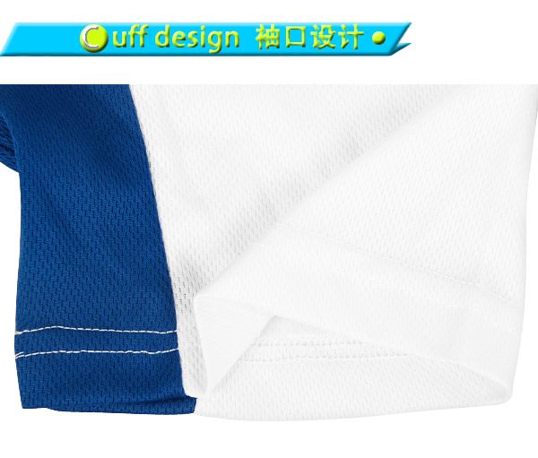 男士蓝色领白色印花全涤圆领短袖T恤衫定制厂家