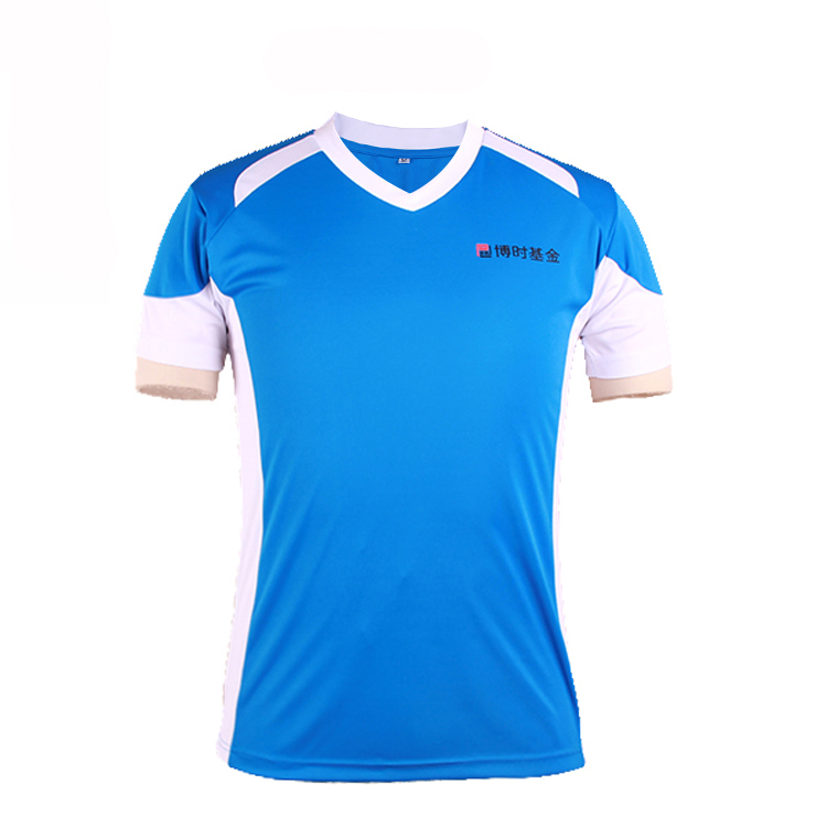 订制蓝色全涤V领异色领印花T恤男短袖T恤衫团服定制