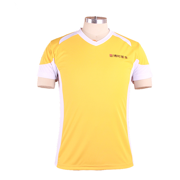 订制黄色全涤V领异色领印花T恤男短袖T恤衫团服定制