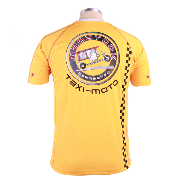 订制黄色全涤网眼异色领印花圆领刺绣T恤男短袖定制